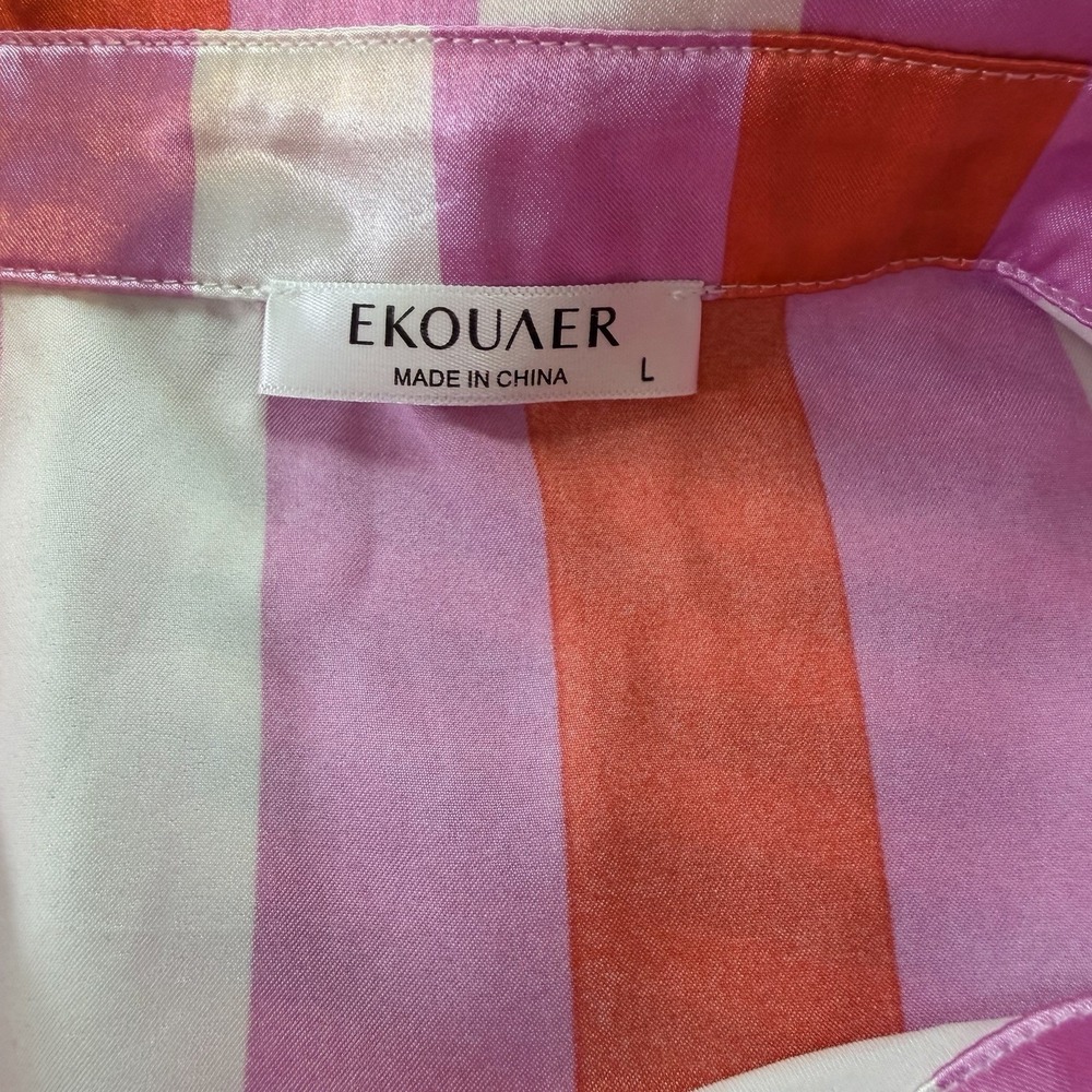 Ekouaer Silky PJ Set Women's Button Down Long Sleeve Top & Pants Pink Stripe L - Picture 5 of 6